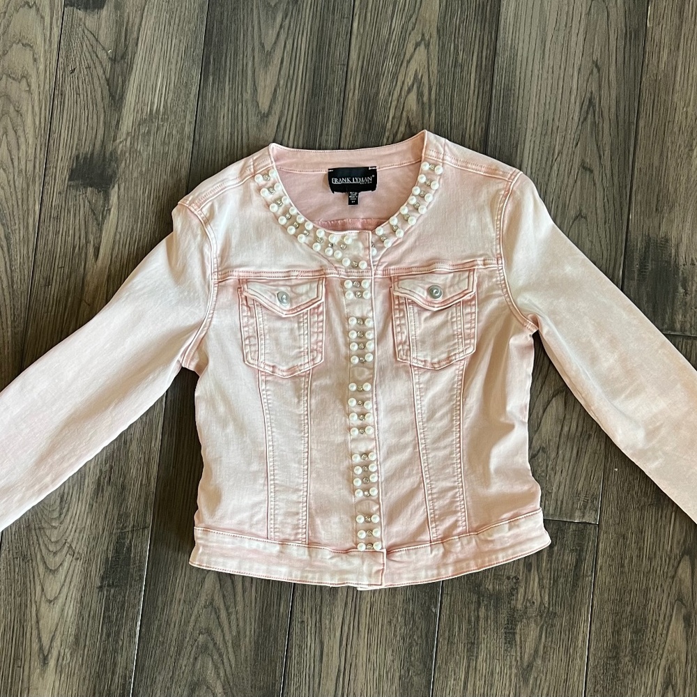 Pink Denim Jacket with Pearls and Rhinestones